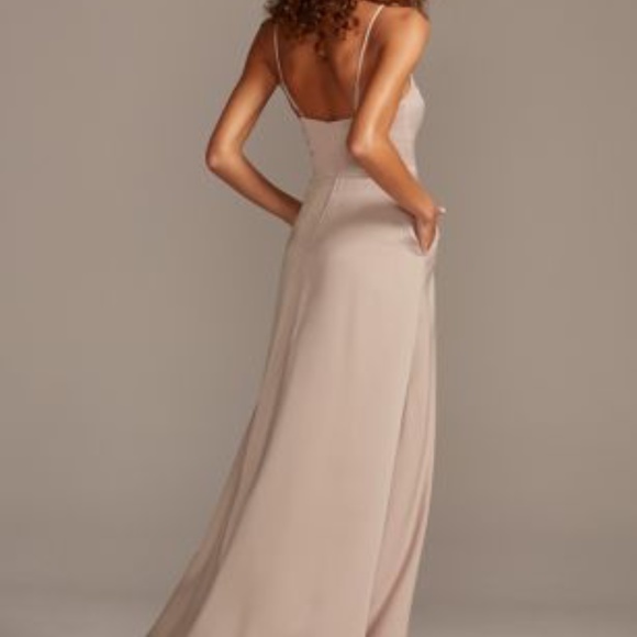 David's Bridal Steel Blue Slit Leg Bridesmaid's Dress - Picture 2 of 2